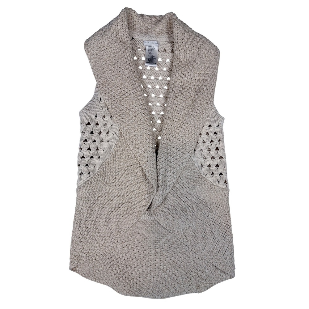 Max Studio Womens Beige Open Knit Shawl Collar Cardigan Vest Boho Classic Sz S